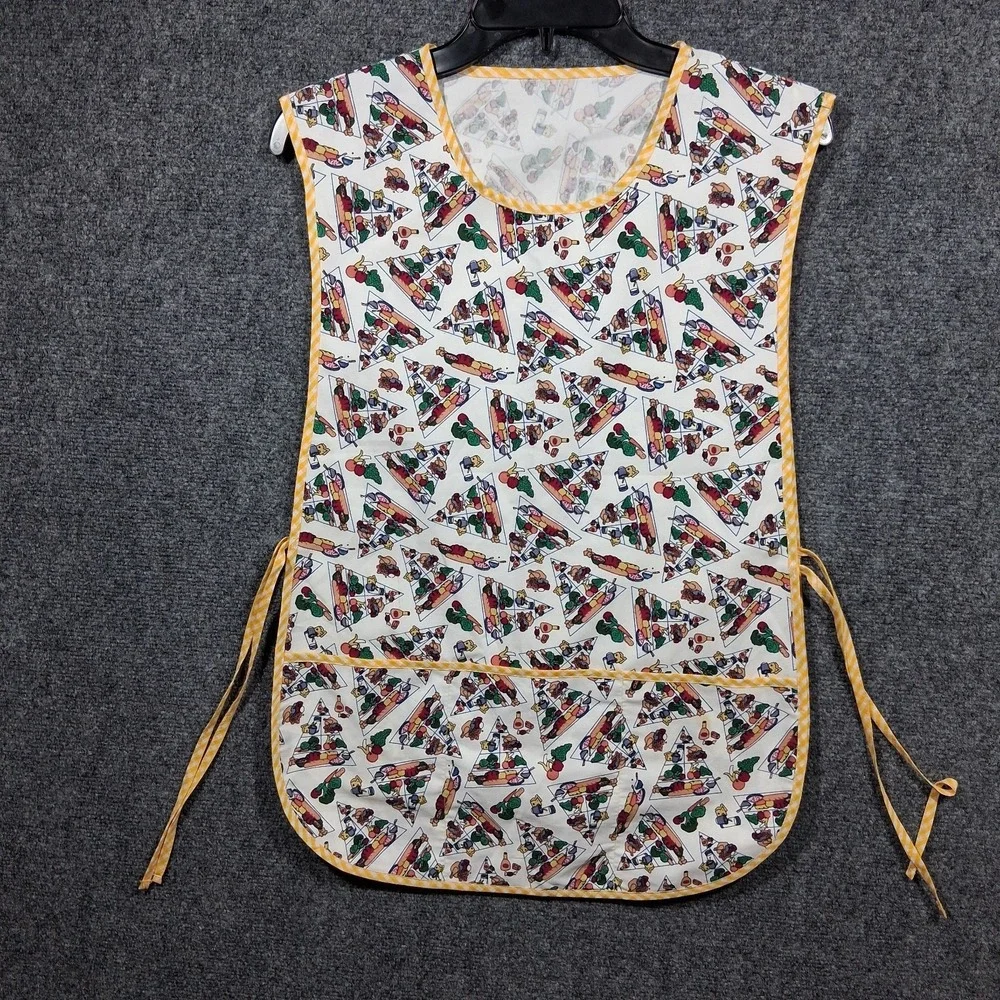 Vintage Food Pyramid Print Tabard Apron Yellow Gingham‎ Trim Smock Pockets Multi